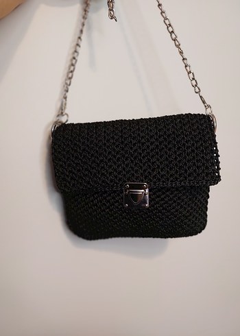 Zincir Detaylı Siyah Örgü Kadın Çanta - Görsel 5