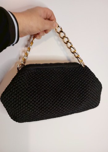 Zincir Detaylı Siyah Örgü Kadın Çanta - Görsel 4