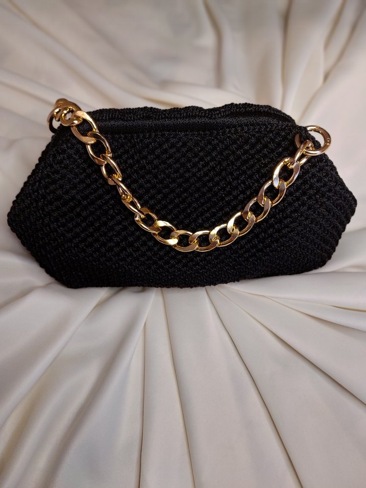 Zincir Detaylı Siyah Örgü Kadın Çanta - Görsel 3