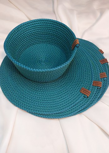 Turkuaz Bohem Hasır Tabak Altlığı ve Kase - Görsel 3