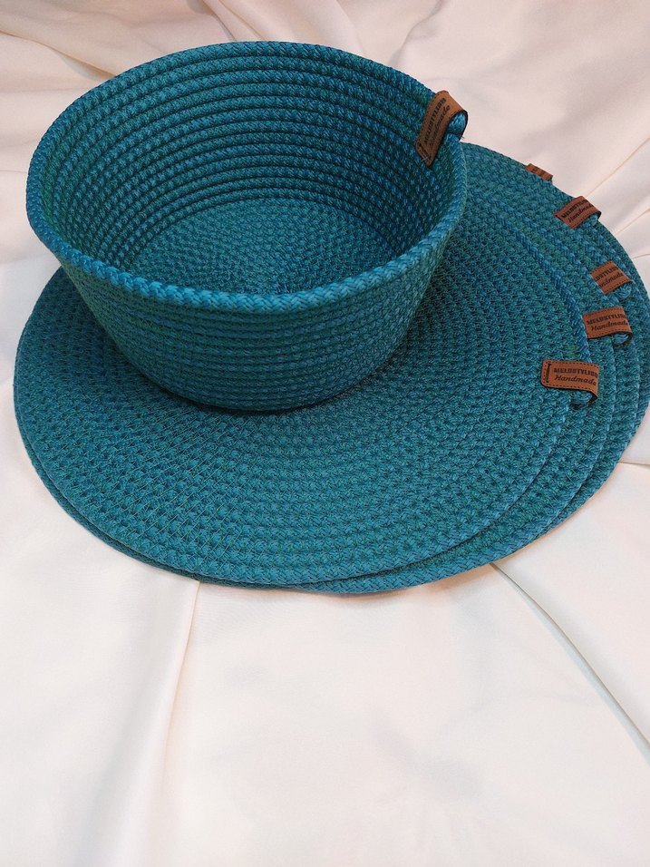 Turkuaz Bohem Hasır Tabak Altlığı ve Kase - Görsel 2