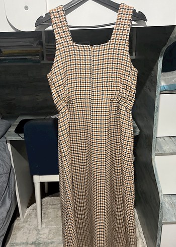 Kahverengi Kareli Uzun Kemerli Kadın Elbise - Görsel 2