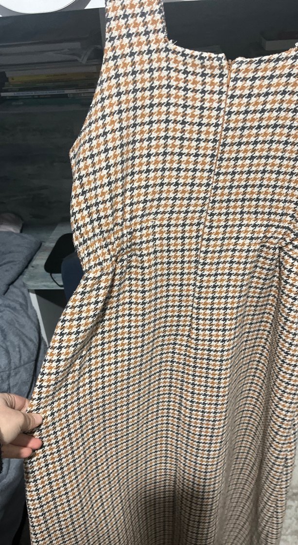 Kahverengi Kareli Uzun Kemerli Kadın Elbise - Görsel 3