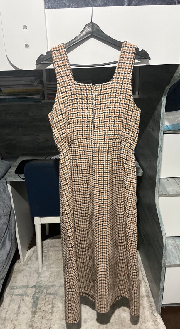 Kahverengi Kareli Uzun Kemerli Kadın Elbise - Görsel 2