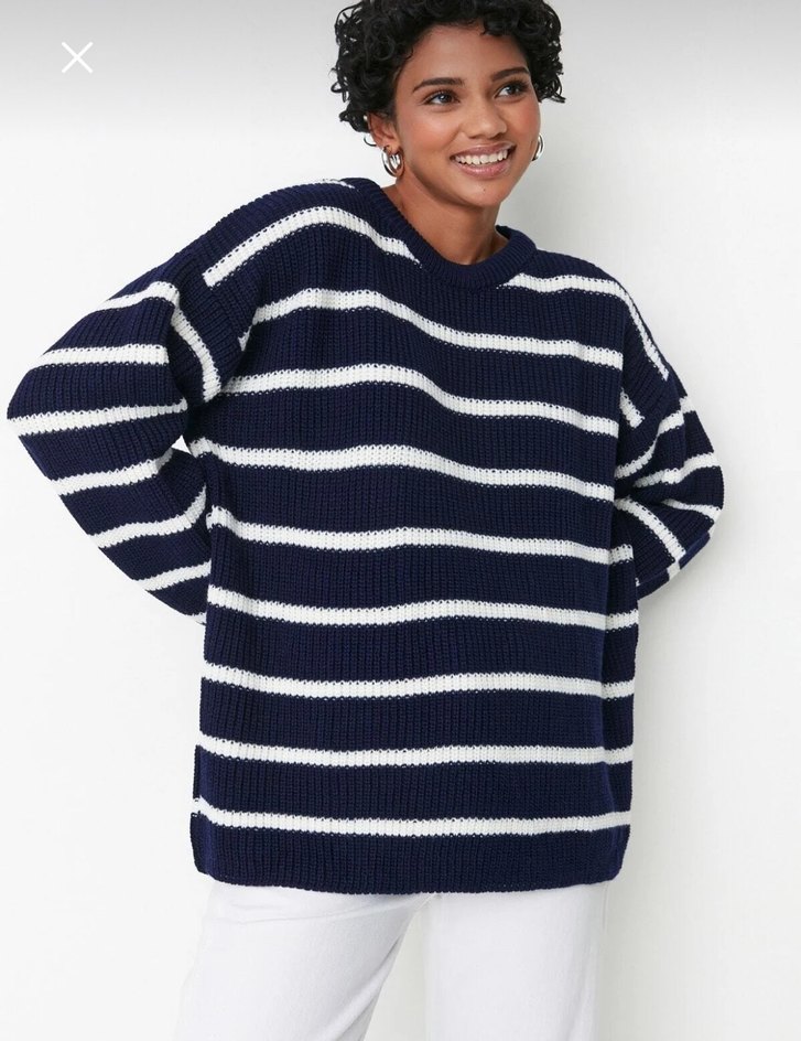 Trendyolmilla Çizgili Lacivert Kadın Kazak - Görsel 2