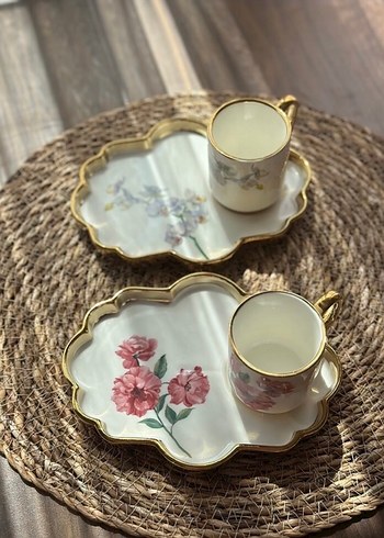 Diğer Acar 2li Altin Kenarli Romantik Cicekli Porselen Kahve Seti