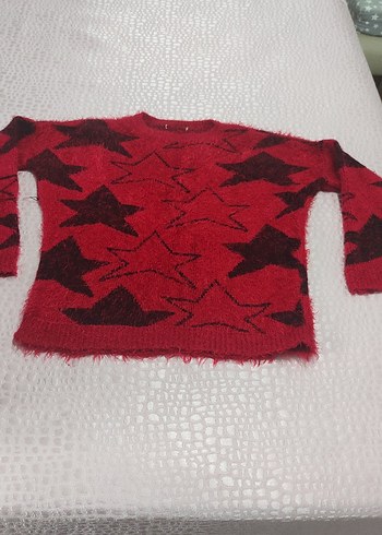 Kırmızı Yıldız Desenli Kadın Triko Kazak - Görsel 3