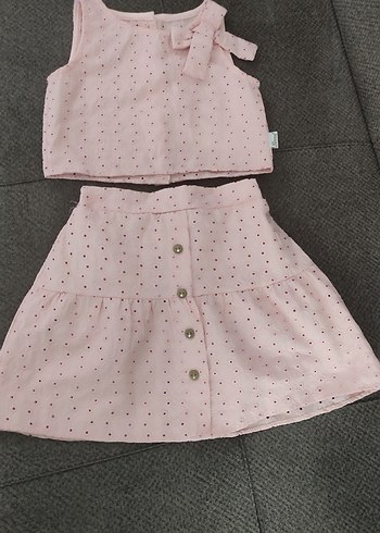 Düğmeli Pembe Kız Çocuk Elbise Takımı - Görsel 4