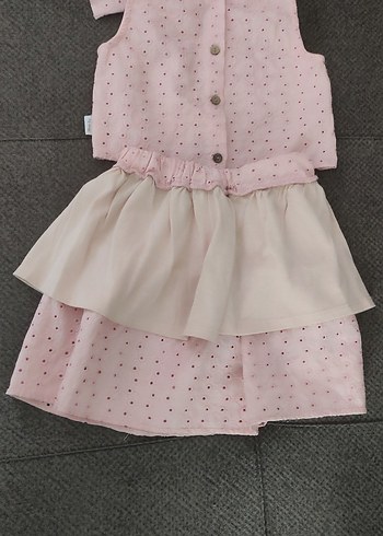 Düğmeli Pembe Kız Çocuk Elbise Takımı - Görsel 2