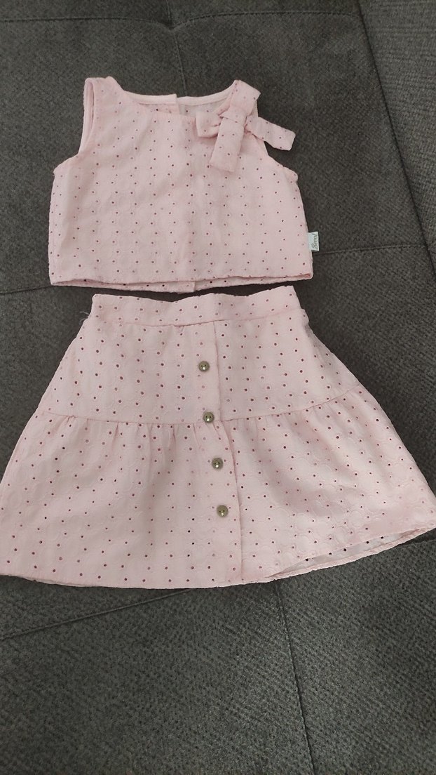 Düğmeli Pembe Kız Çocuk Elbise Takımı - Görsel 4