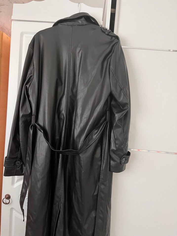 Siyah Uzun Deri Kadın Ceket - Görsel 4