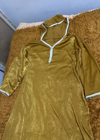 Altın Rengi İpek, V Yakalı, Salaş Kadın Uzun Elbise - Görsel 2