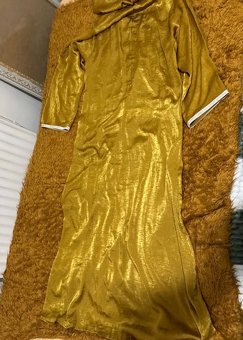 Altın Rengi İpek, V Yakalı, Salaş Kadın Uzun Elbise - Görsel 8