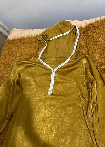 Altın Rengi İpek, V Yakalı, Salaş Kadın Uzun Elbise - Görsel 6