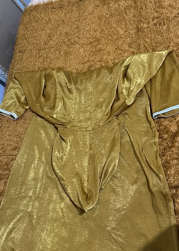 Altın Rengi İpek, V Yakalı, Salaş Kadın Uzun Elbise - Görsel 7