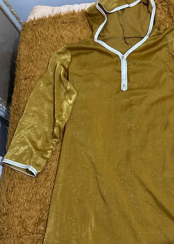 Altın Rengi İpek, V Yakalı, Salaş Kadın Uzun Elbise - Görsel 4