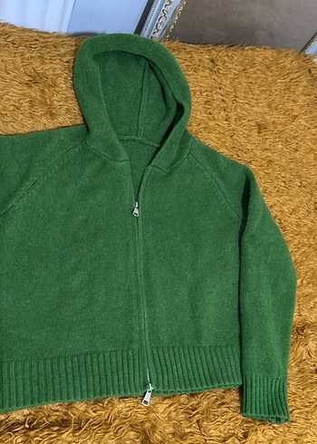 Yeşil Kapüşonlu Kadın Triko Sweatshirt Kazak Yün Koreden - Görsel 5