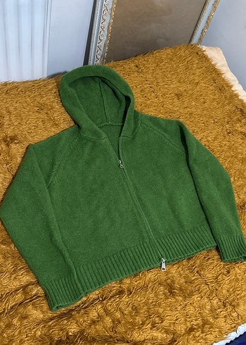 Yeşil Kapüşonlu Kadın Triko Sweatshirt Kazak Yün Koreden - Görsel 2