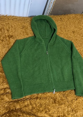 Yeşil Kapüşonlu Kadın Triko Sweatshirt Kazak Yün Koreden - Görsel 3