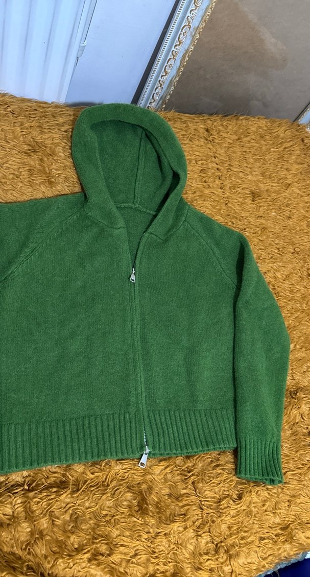 Yeşil Kapüşonlu Kadın Triko Sweatshirt Kazak Yün Koreden - Görsel 5