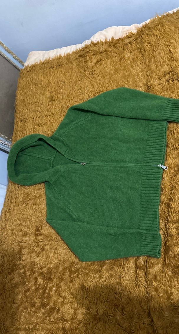 Yeşil Kapüşonlu Kadın Triko Sweatshirt Kazak Yün Koreden - Görsel 4