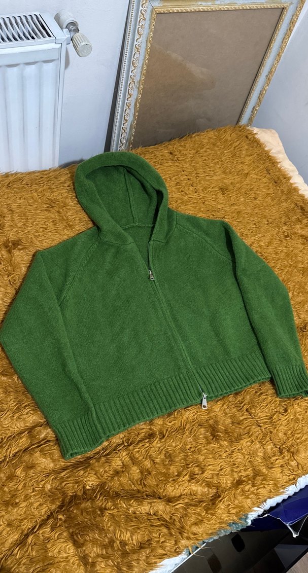 Yeşil Kapüşonlu Kadın Triko Sweatshirt Kazak Yün Koreden - Görsel 2