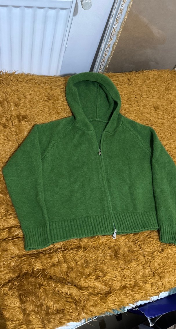 Yeşil Kapüşonlu Kadın Triko Sweatshirt Kazak Yün Koreden - Görsel 3