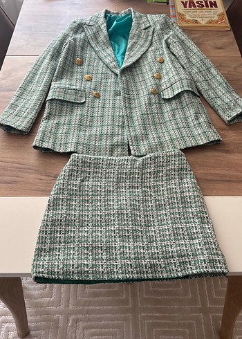 Düğmeli Yeşil Mini Kadın Blazer ceket etek Takım