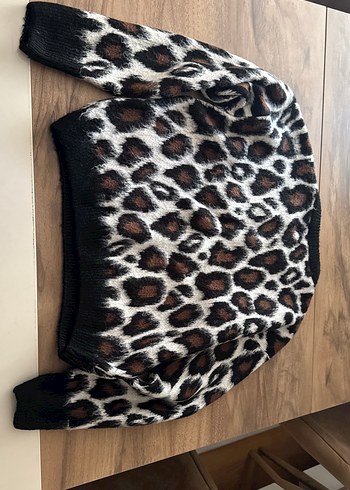 s Beden kahverengi Renk Leopar Desenli Kürklü Kadın Triko Kazak