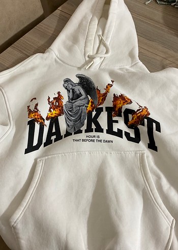 Baskılı Kapüşonlu Fermuarlı Beyaz Sweatshirt - Görsel 3