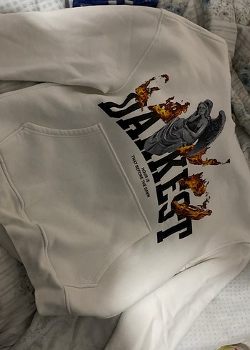 Baskılı Kapüşonlu Fermuarlı Beyaz Sweatshirt - Görsel 4