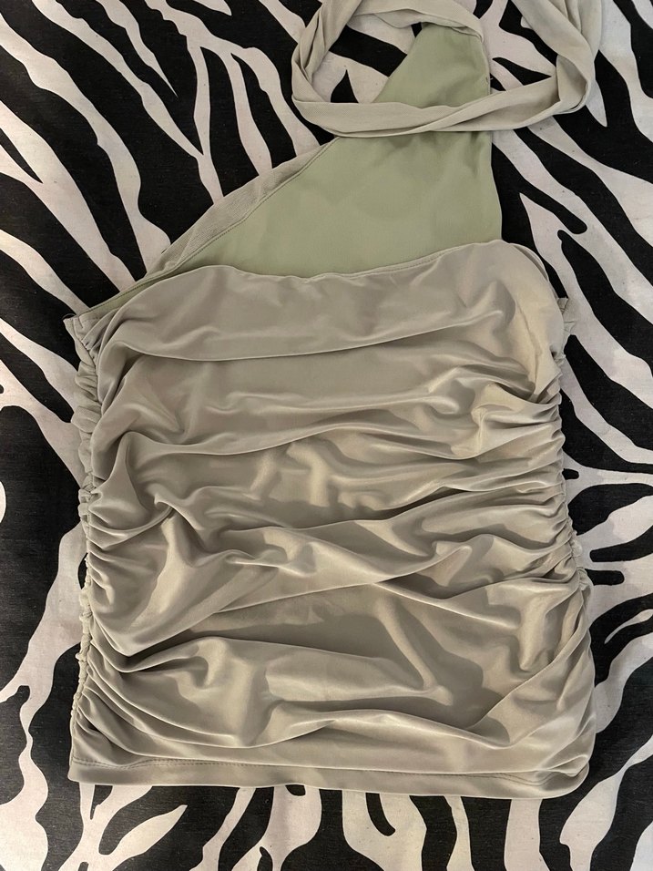 Gri Drapeli Mini Straplez Elbise - Görsel 3