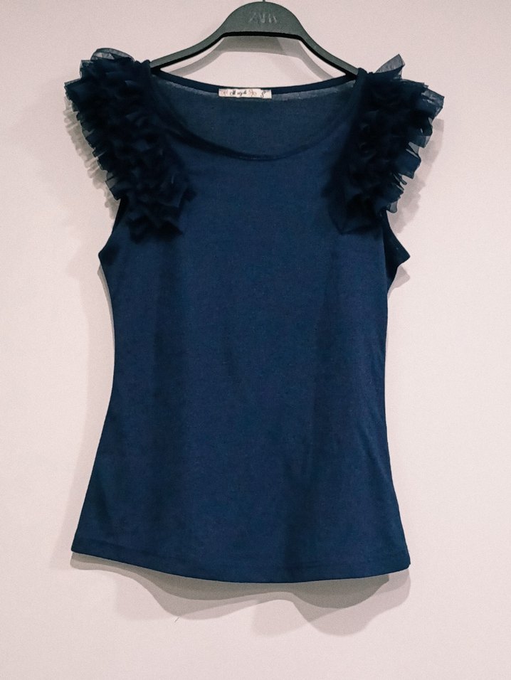 Kadın Lacivert Kolsuz Fırfırlı Bluz - Görsel 3