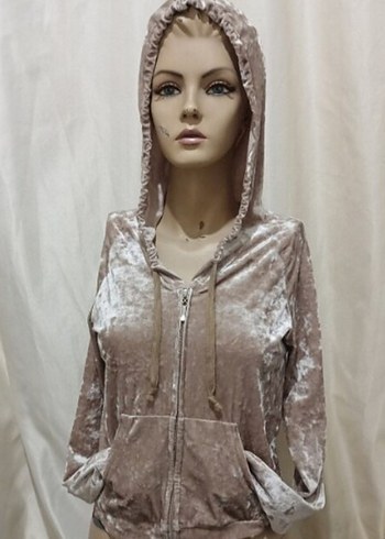 Bej Kadife Fermuarlı Kapüşonlu - Görsel 2