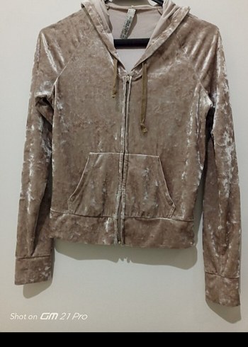 Bej Kadife Fermuarlı Kapüşonlu - Görsel 3