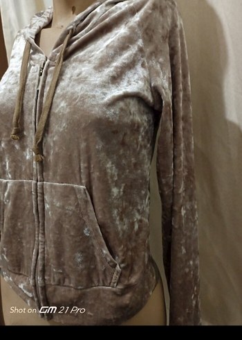 Bej Kadife Fermuarlı Kapüşonlu - Görsel 5