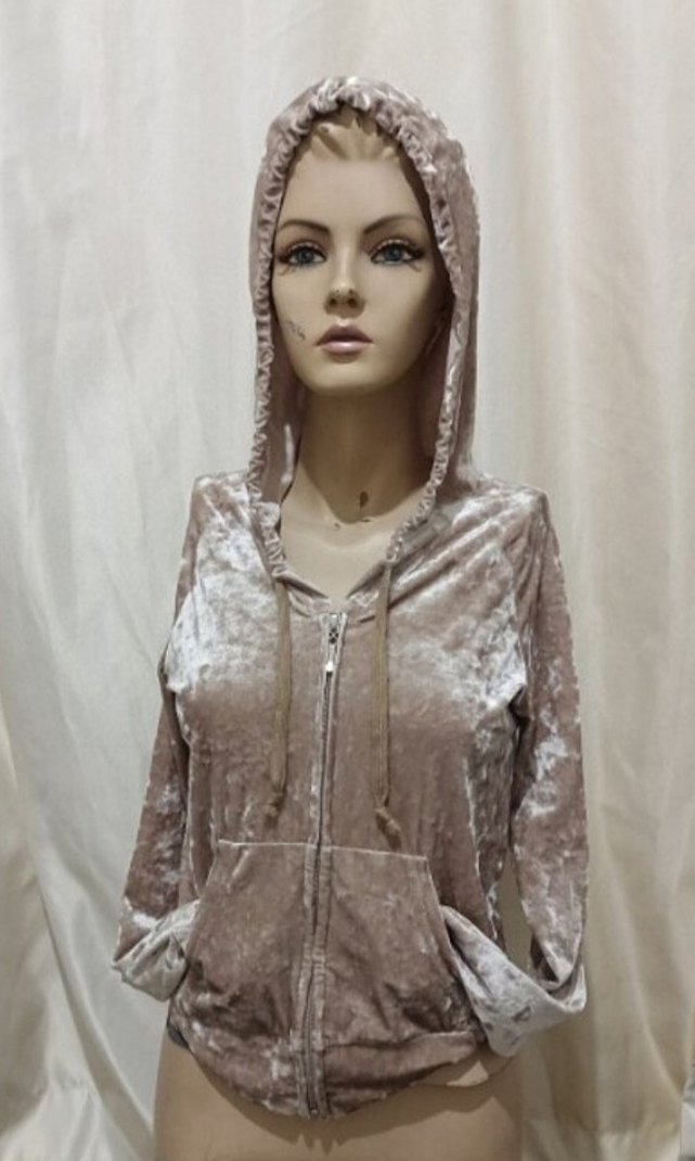 Bej Kadife Fermuarlı Kapüşonlu - Görsel 2