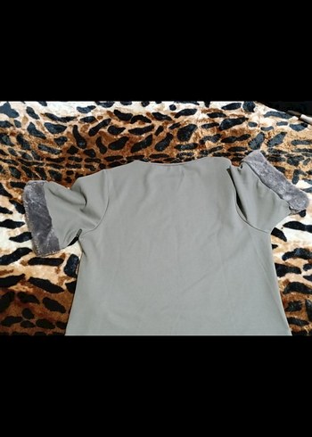 Kadın hakibyesil Denim Tunik, Kürklü Kısa Kollu - Görsel 5