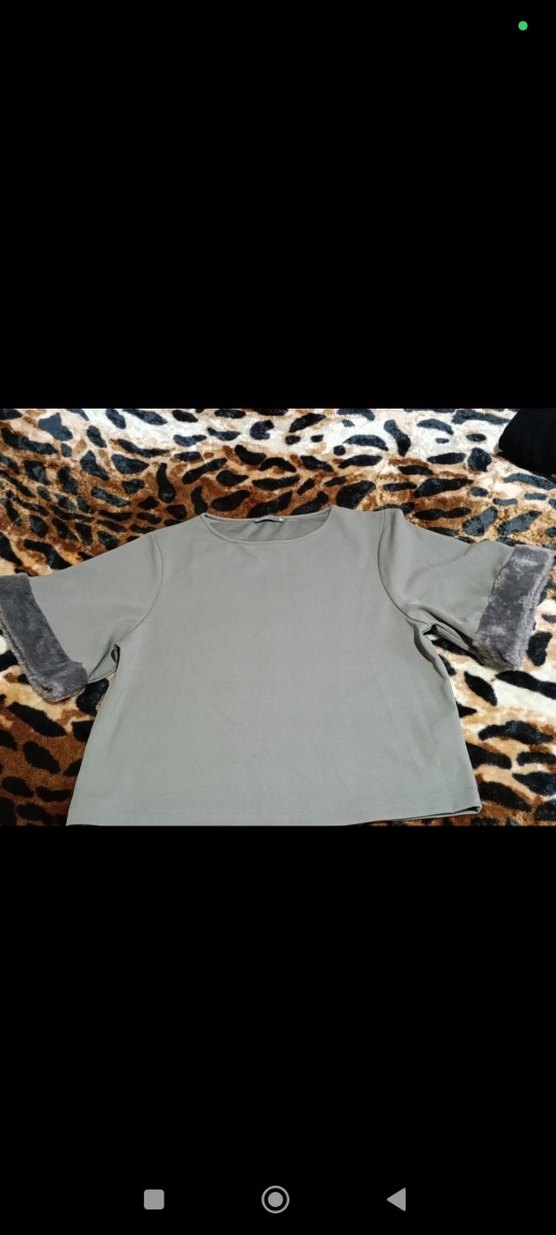 Kadın hakibyesil Denim Tunik, Kürklü Kısa Kollu - Görsel 4