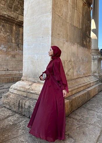 Bordo Uzun Kollu Drapeli Tesettür Abiye - Görsel 2