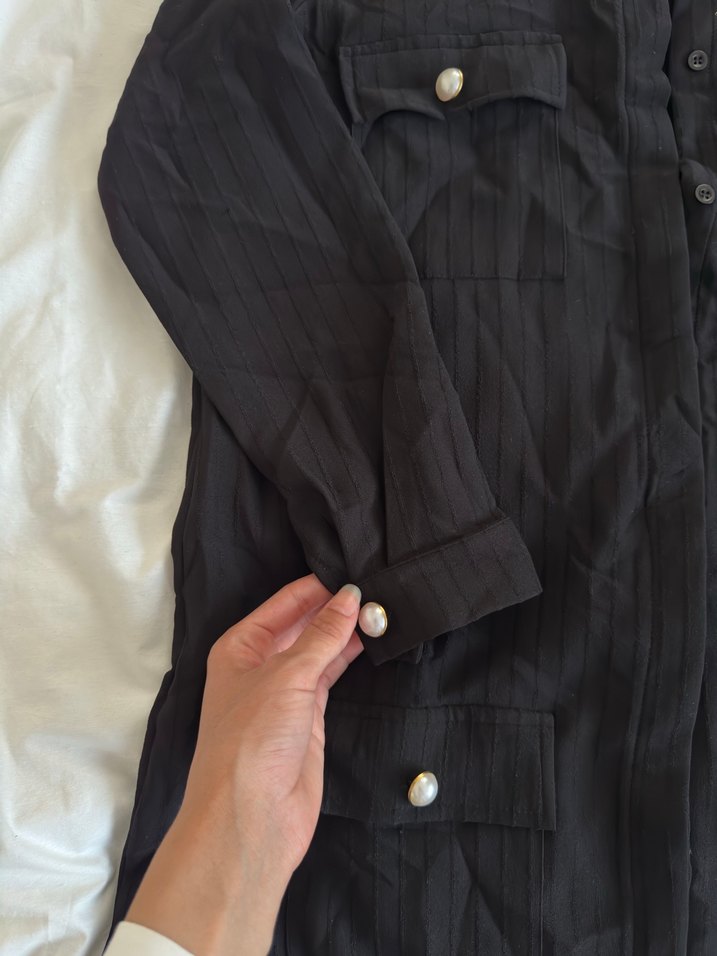 Düğmeli Siyah Uzun Keten Kadın Tunik - Görsel 2