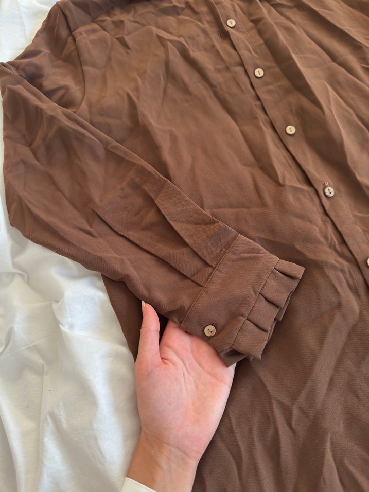 Düğmeli Uzun Kahverengi Keten Tunik - Görsel 2