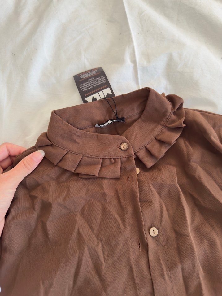 Düğmeli Uzun Kahverengi Keten Tunik - Görsel 3