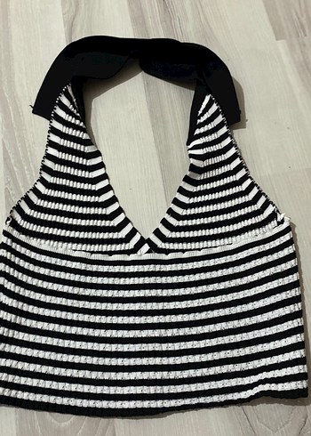 Çizgili Siyah-Beyaz Örme Yelek - Görsel 2