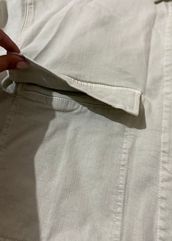 Beyaz Midi Keten Denim Ceket - Görsel 4