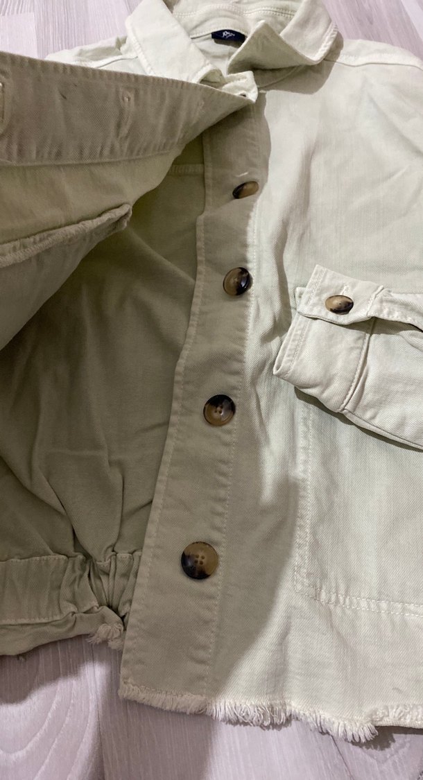 Beyaz Midi Keten Denim Ceket - Görsel 5