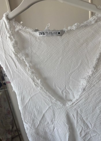 Zara Beyaz Keten V Yaka Bohem Kadın Gömlek - Görsel 2