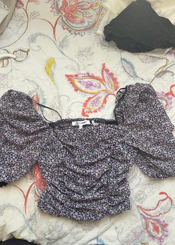 Mor Desenli Drapeli Straplez Mini Bluz - Görsel 3