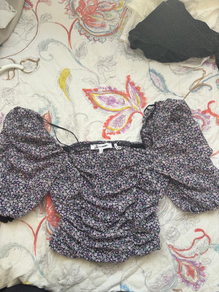 Mor Desenli Drapeli Straplez Mini Bluz - Görsel 3