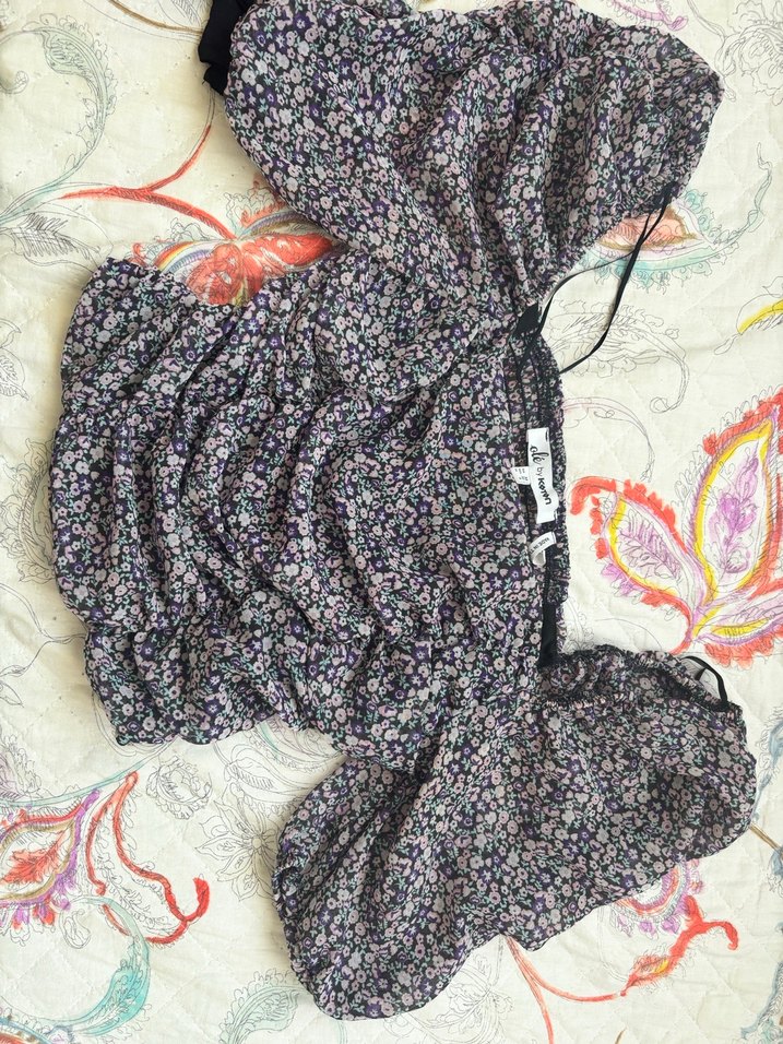 Mor Desenli Drapeli Straplez Mini Bluz - Görsel 2